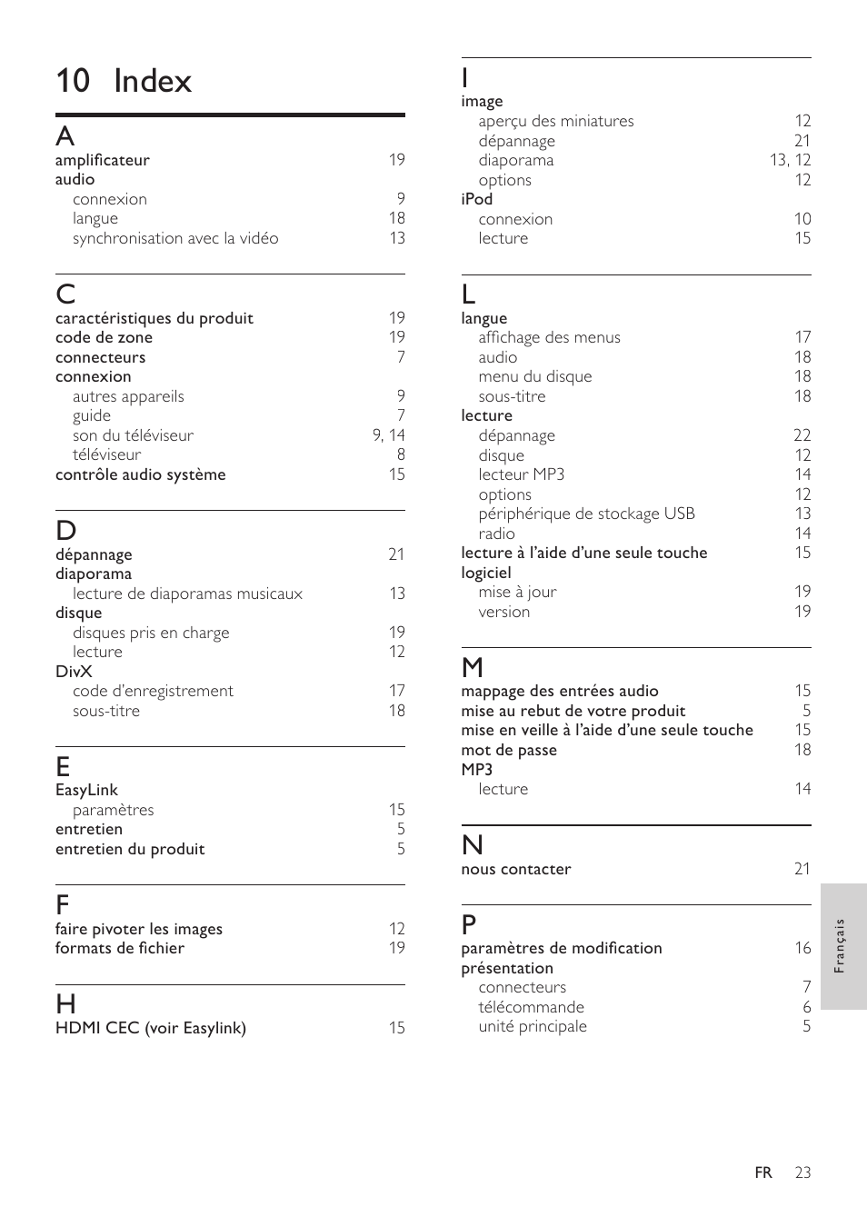 7 mise à jour du logiciel, Vérification de la version du logiciel, 10 index | Philips Home Cinéma User Manual | Page 25 / 28
