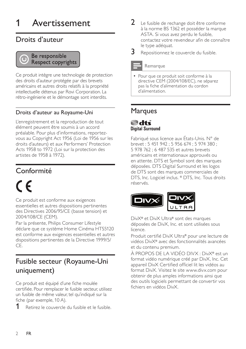 1 avertissement, Droits d’auteur, Conformité | Fusible secteur (royaume-uni uniquement), Marques, Droits d’auteur au royaume-uni | Philips Home Cinéma User Manual | Page 4 / 28