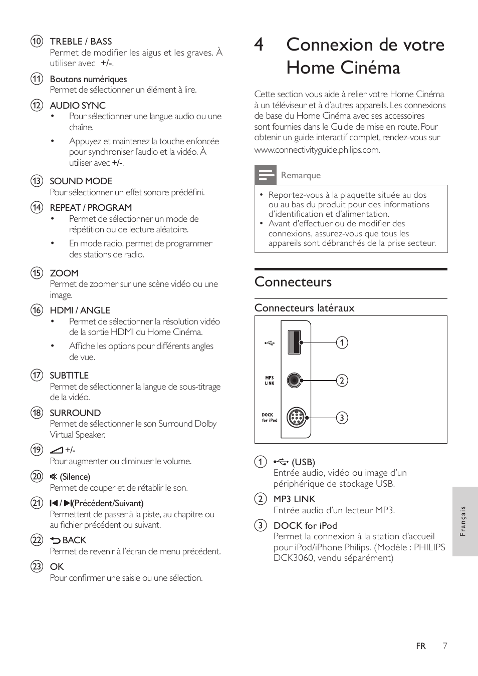 3 votre home cinéma, Unité principale, Télécommande | 4 connexion de votre home cinéma, Connecteurs | Philips Home Cinéma User Manual | Page 9 / 28