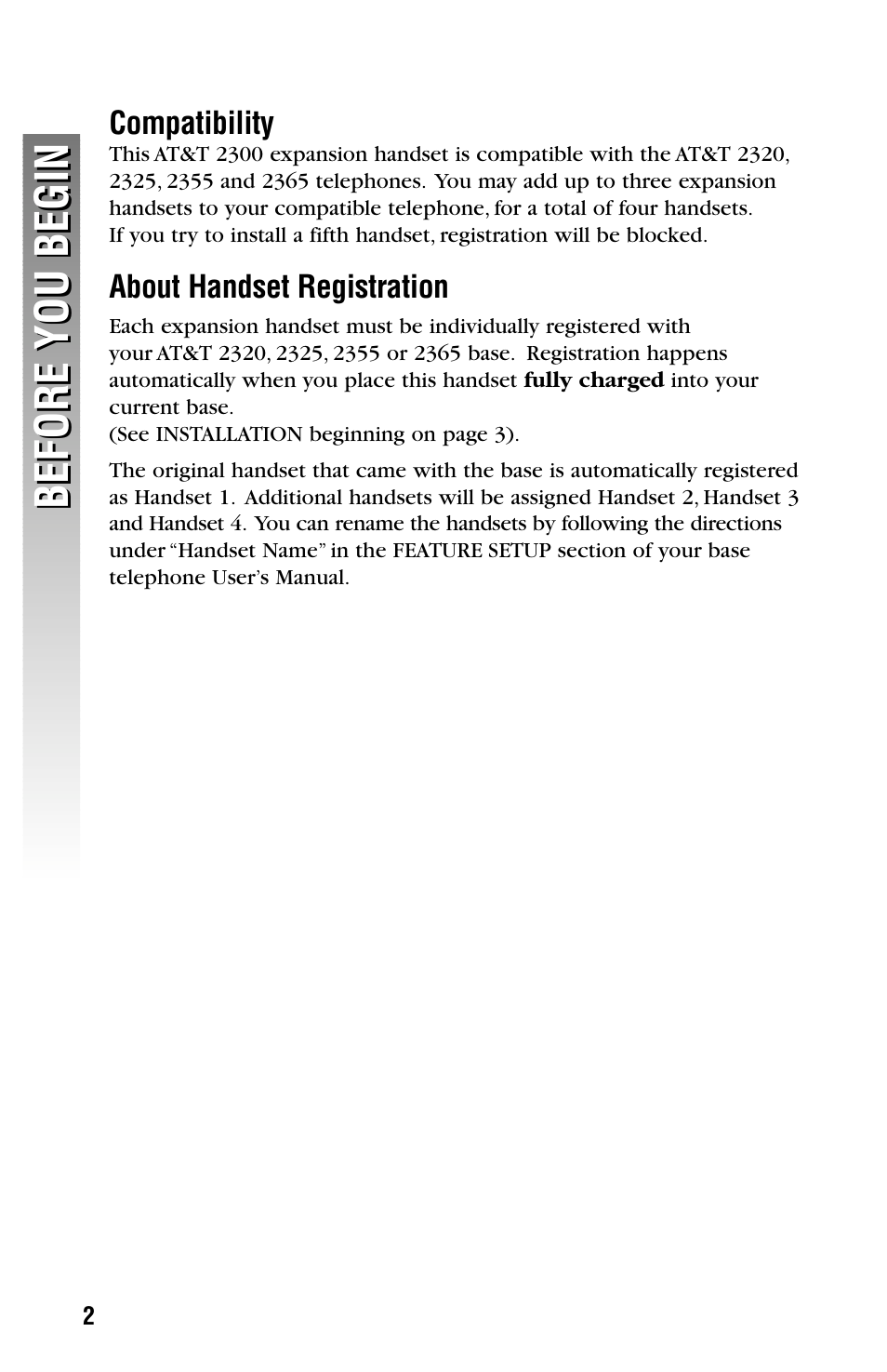 Compatibility, About handset registration, Before you begin | AT&T CDLS 2300 User Manual | Page 5 / 13