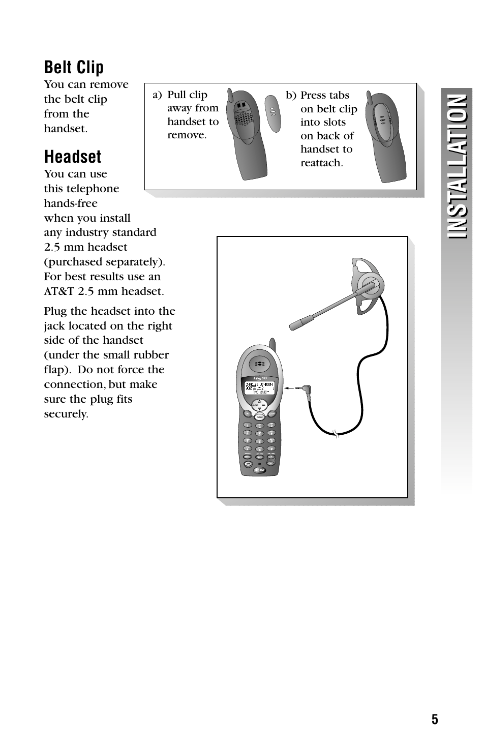 Belt clip, Headset, Inst alla tion inst alla tion | AT&T CDLS 2300 User Manual | Page 8 / 13