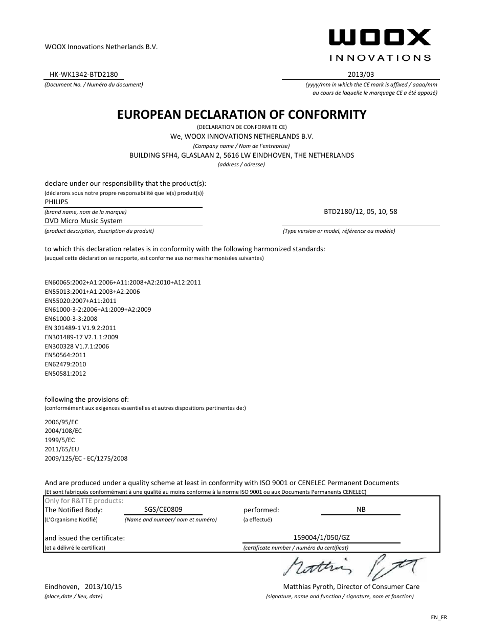 European declaration of conformity | Philips Microchaîne User Manual | Page 2 / 21