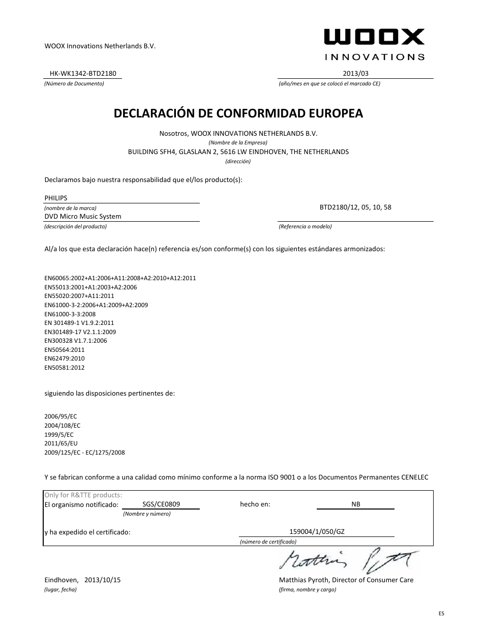 Declaració n de conformidad europea | Philips Microchaîne User Manual | Page 7 / 21