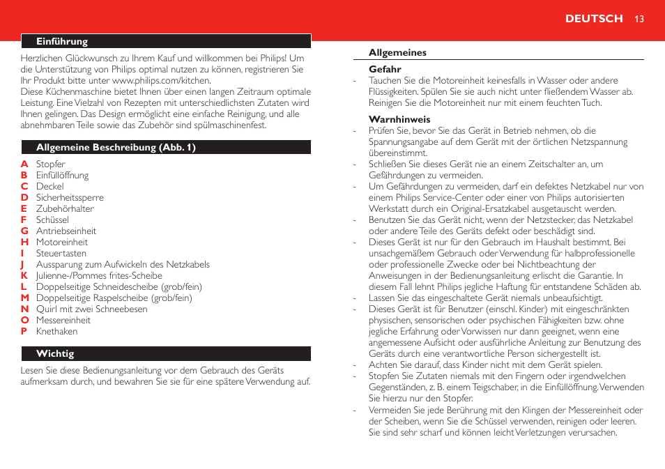 Deutsch | Philips Robust Collection Robot de cuisine User Manual | Page 13 / 40