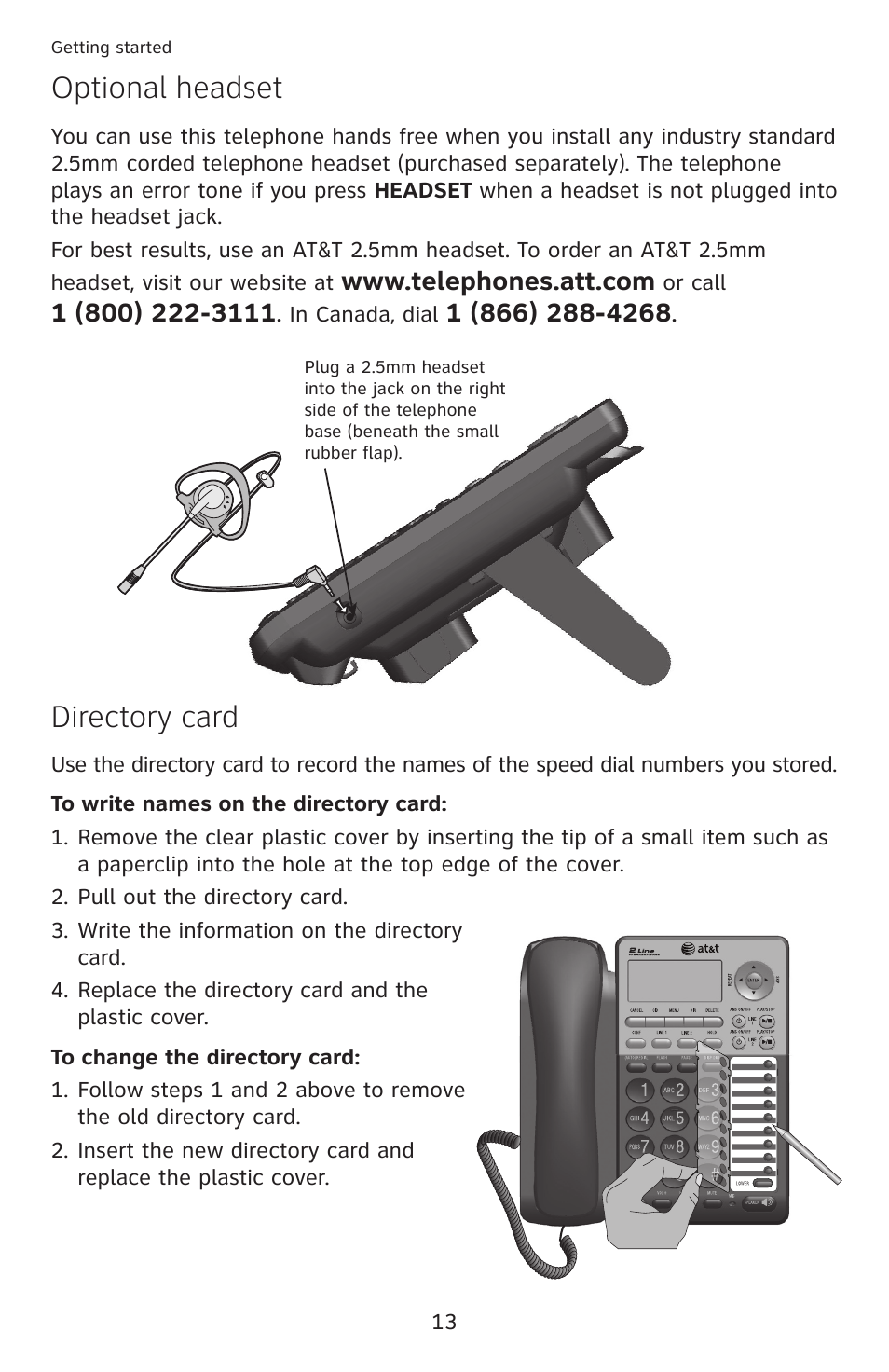 Optional headset, Directory card | AT&T ML17959 User Manual | Page 18 / 82
