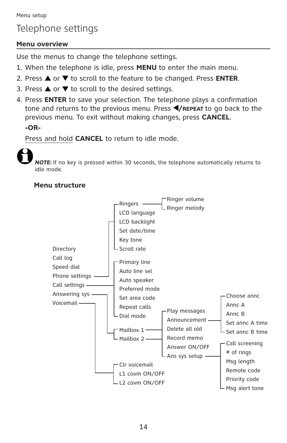Telephone settings | AT&T ML17959 User Manual | Page 19 / 82
