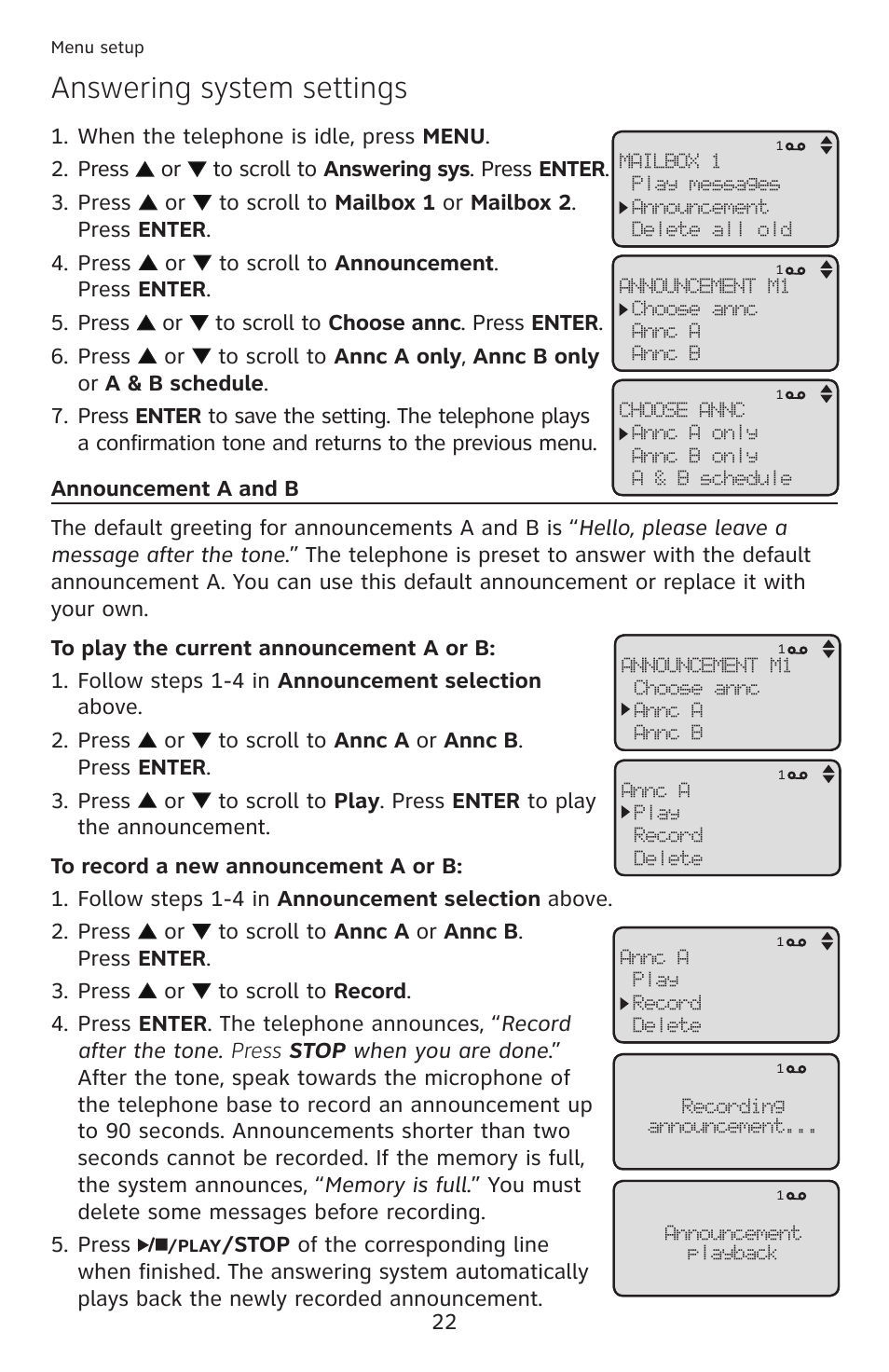 Answering system settings | AT&T ML17959 User Manual | Page 27 / 82