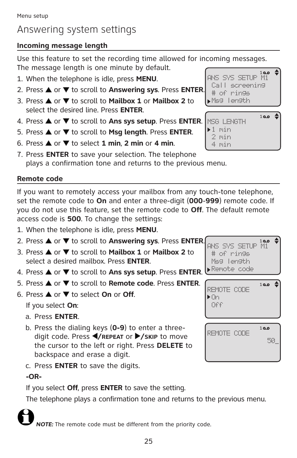 Answering system settings | AT&T ML17959 User Manual | Page 30 / 82