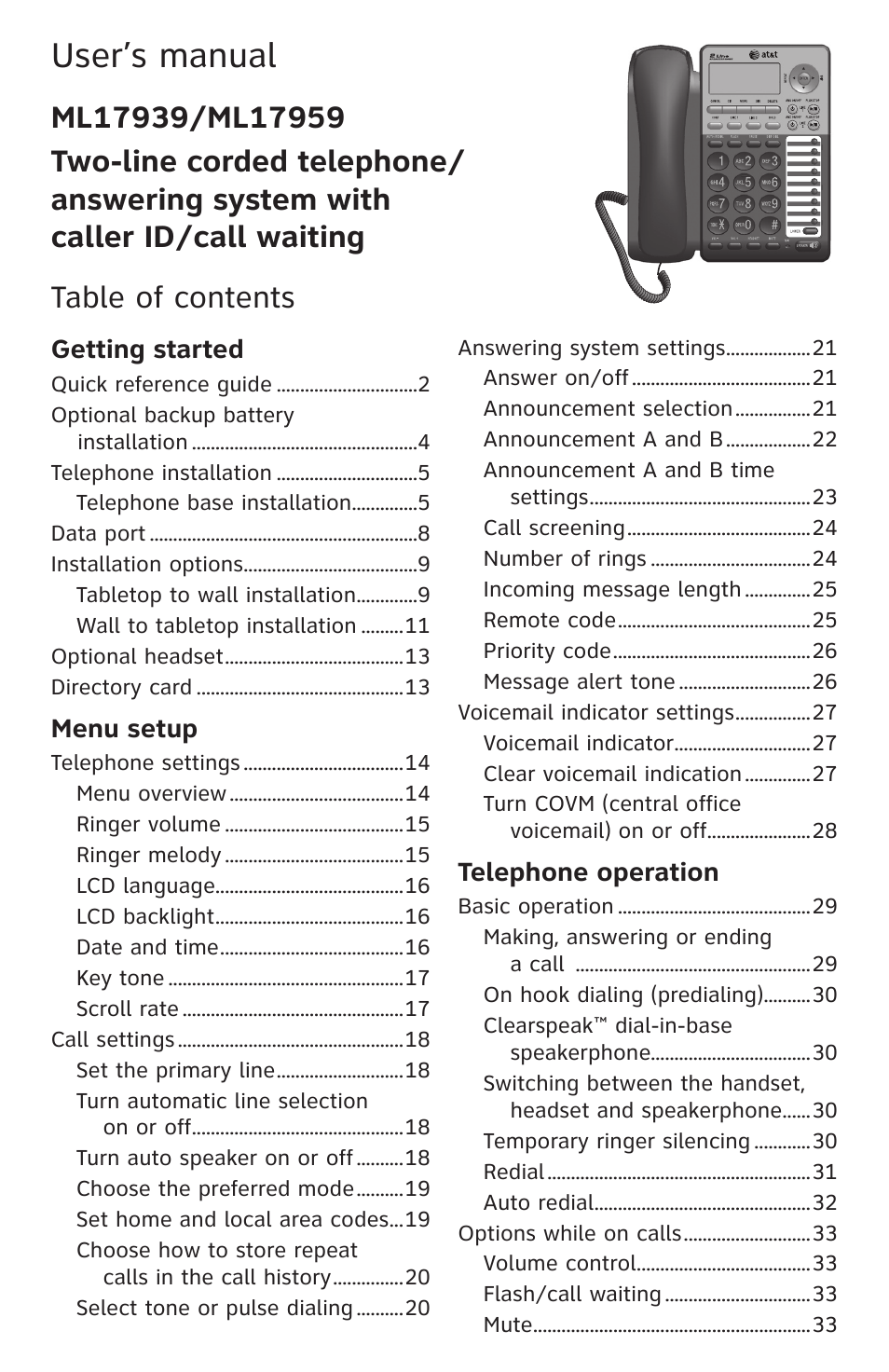 User’s manual | AT&T ML17959 User Manual | Page 4 / 82