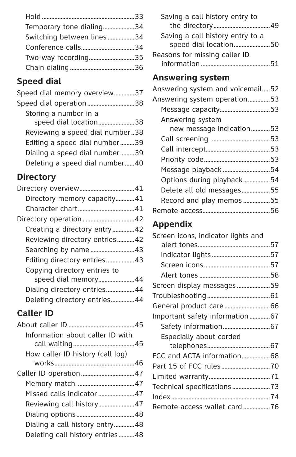 Speed dial, Directory, Caller id | Answering system, Appendix | AT&T ML17959 User Manual | Page 5 / 82