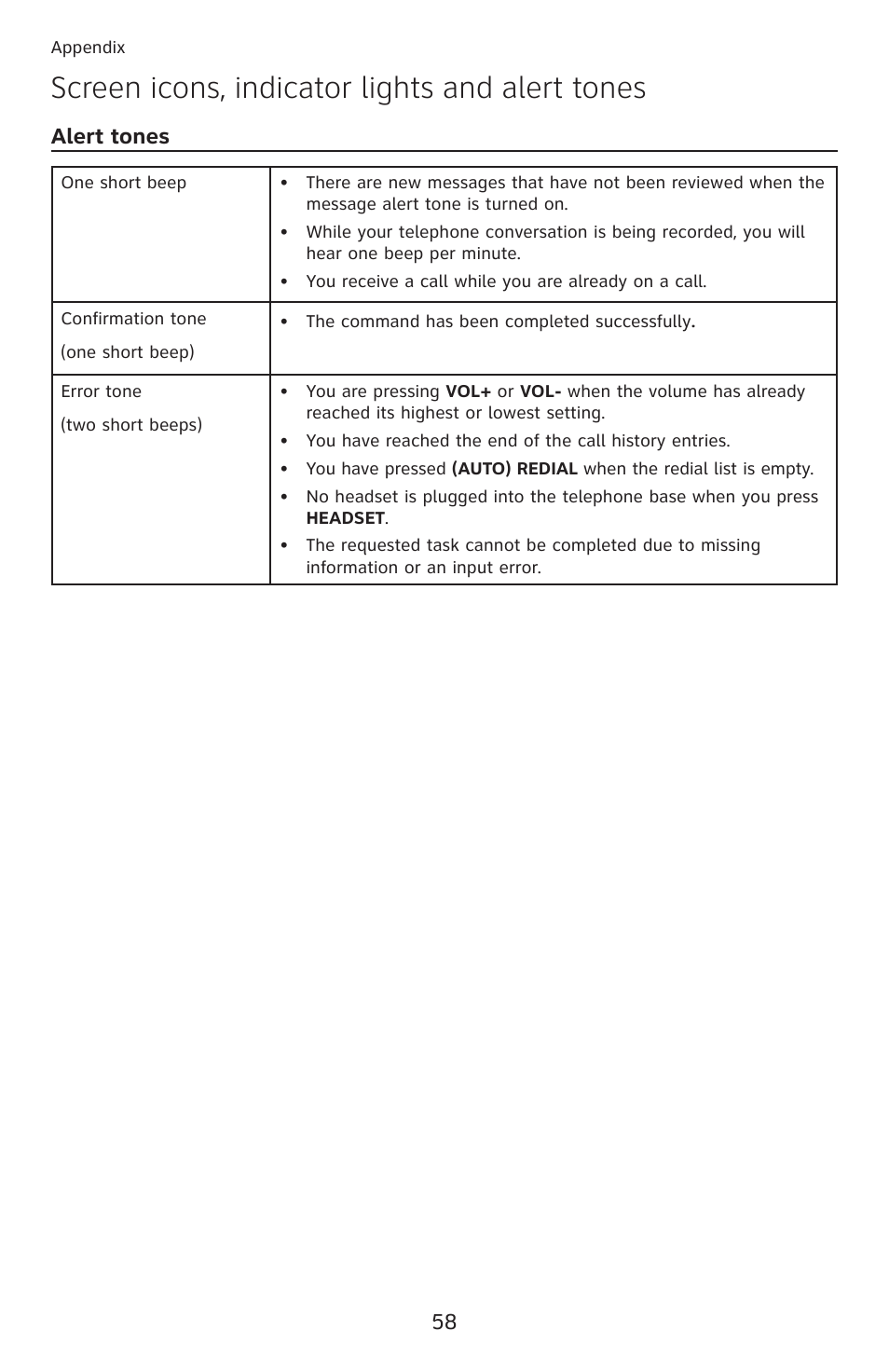 Screen icons, indicator lights and alert tones, Alert tones | AT&T ML17959 User Manual | Page 63 / 82
