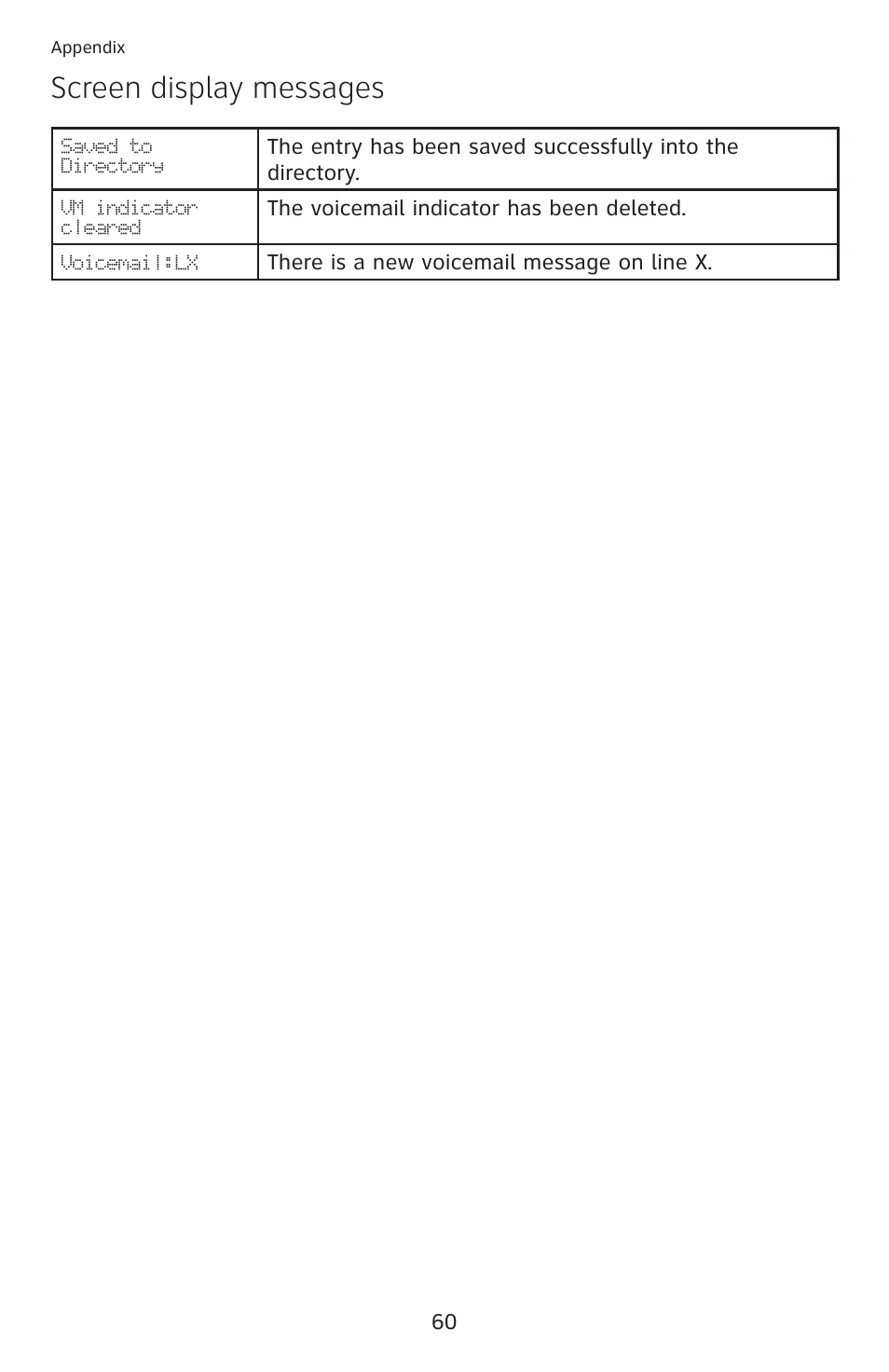 Screen display messages | AT&T ML17959 User Manual | Page 65 / 82