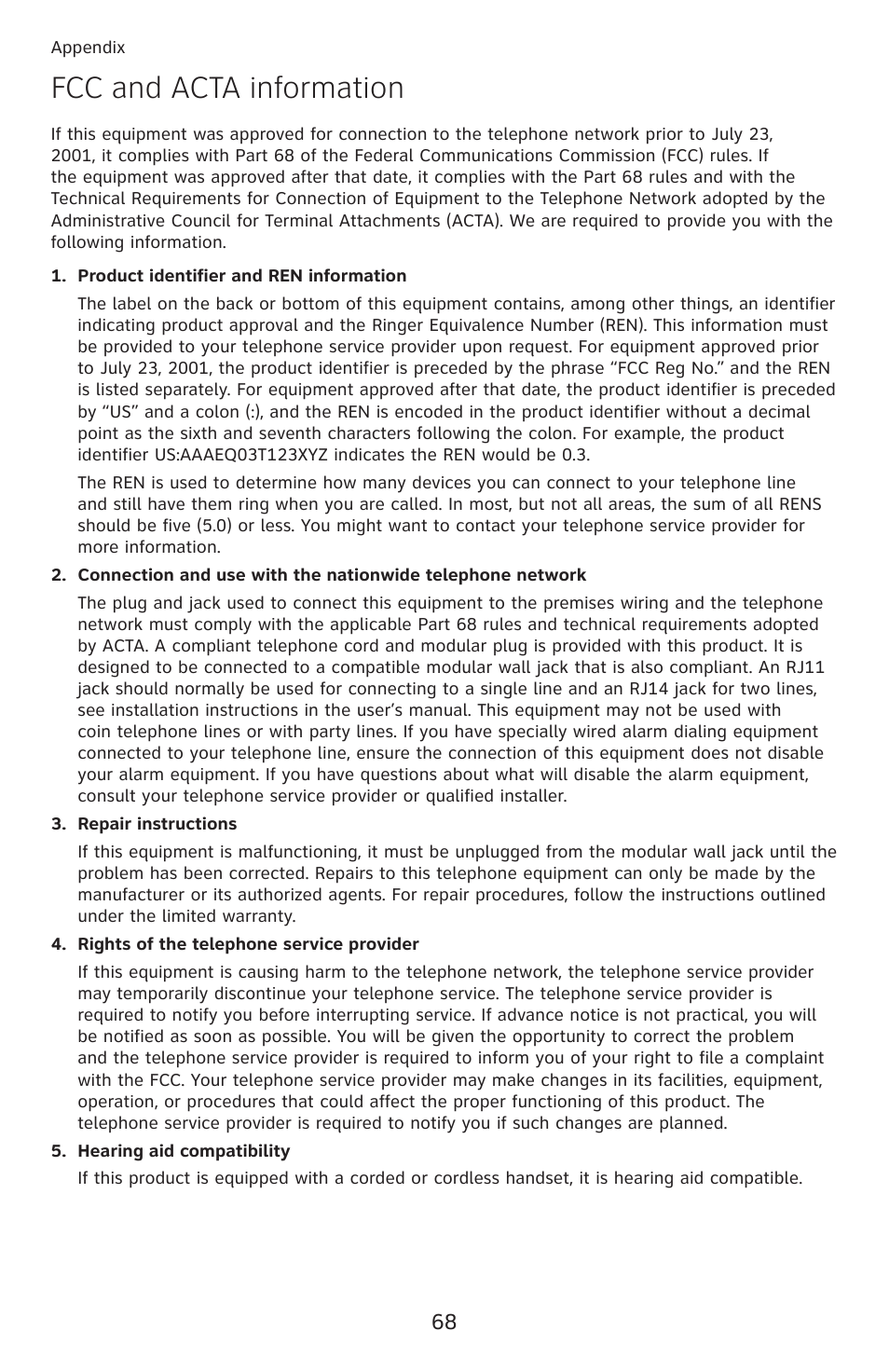 Fcc and acta information | AT&T ML17959 User Manual | Page 73 / 82