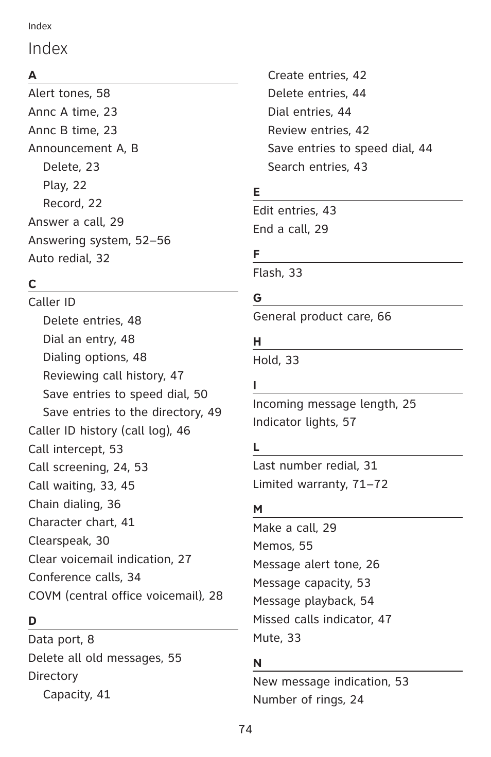 Index | AT&T ML17959 User Manual | Page 79 / 82