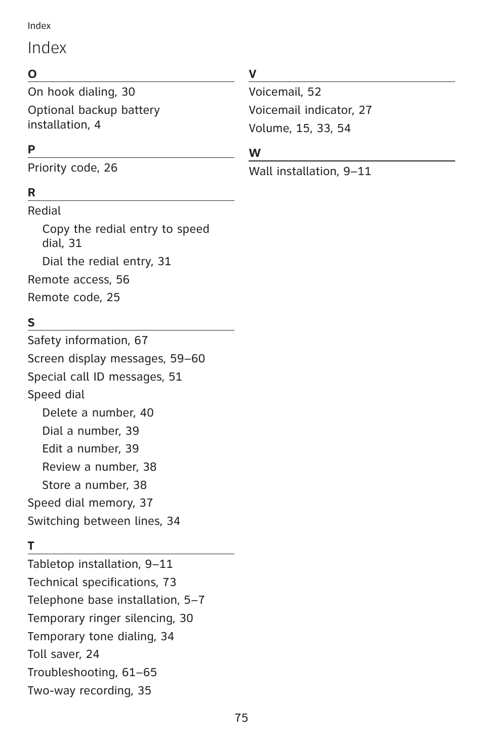 Index | AT&T ML17959 User Manual | Page 80 / 82
