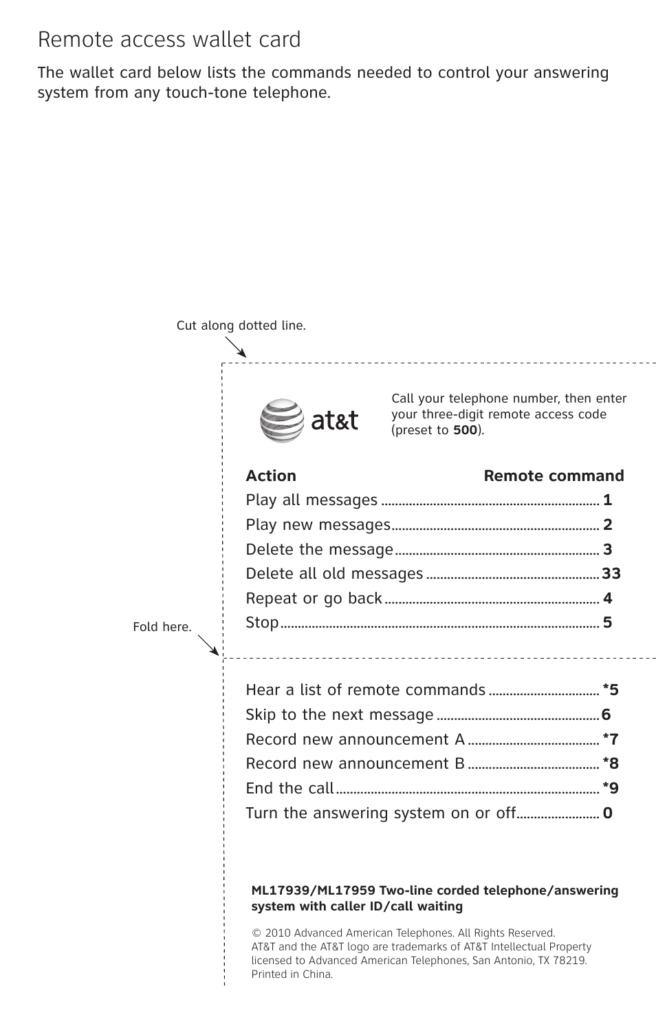 Remote access wallet card | AT&T ML17959 User Manual | Page 81 / 82