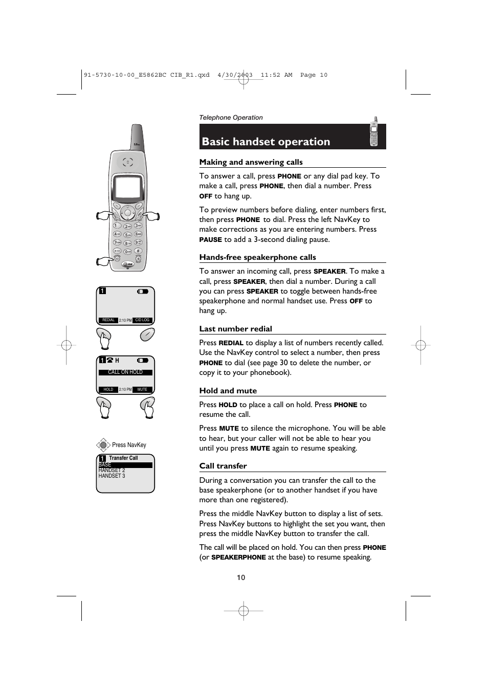 Telephone operation, Basic handset operation, Making and answering calls | Hands-free speakerphone calls, Last number redial, Hold and mute, Call transfer | AT&T E5862BC User Manual | Page 12 / 56