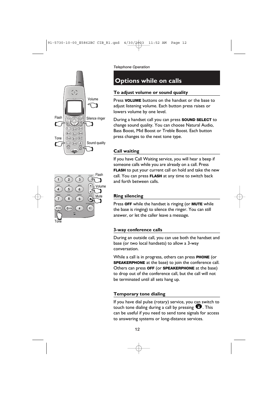 Options while on calls, To adjust volume or sound quality, Call waiting | Ring silencing, Way conference calls, Temporary tone dialing | AT&T E5862BC User Manual | Page 14 / 56
