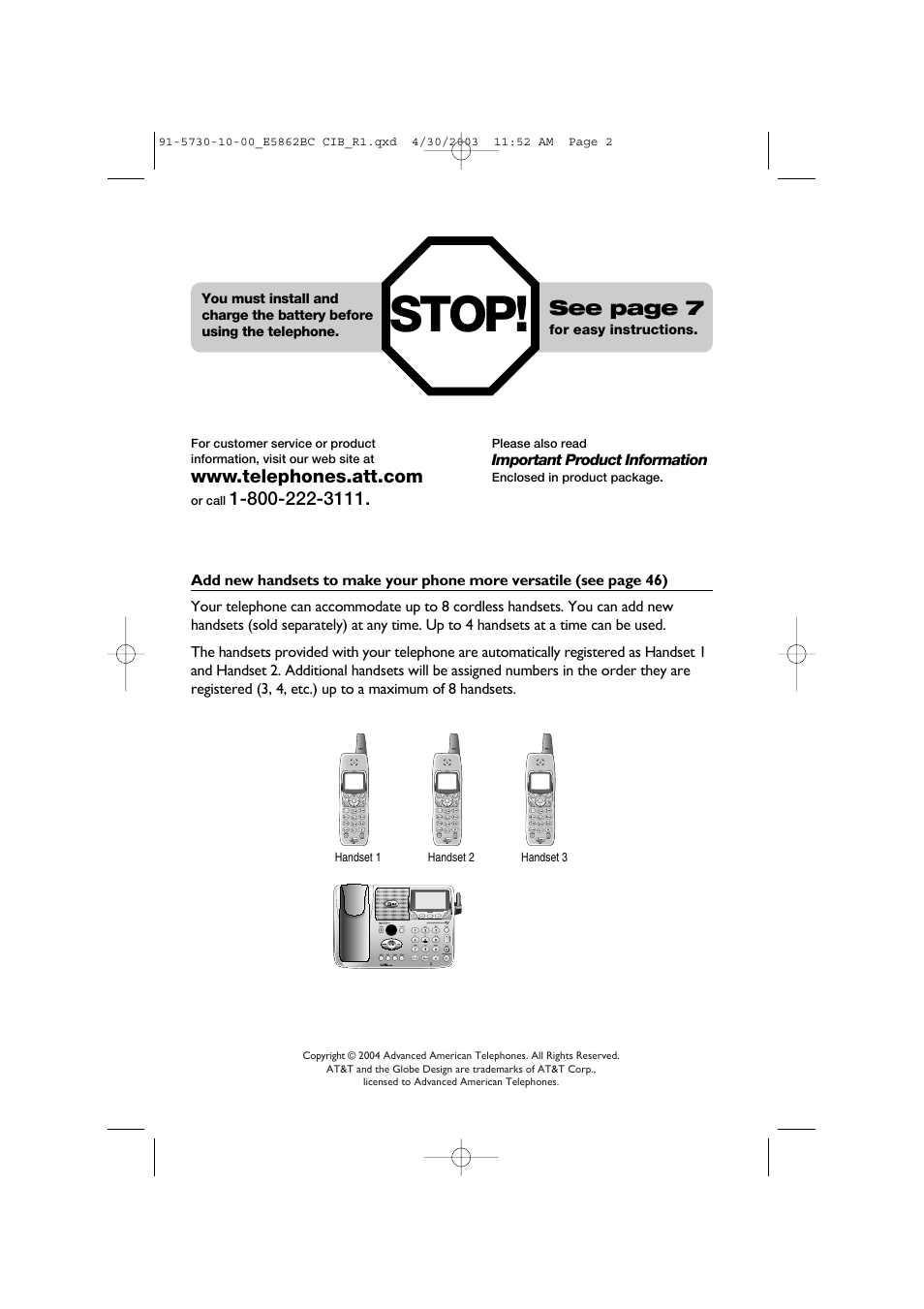 Add new handsets to make your phone more versatile, Stop, See page 7 | AT&T E5862BC User Manual | Page 2 / 56