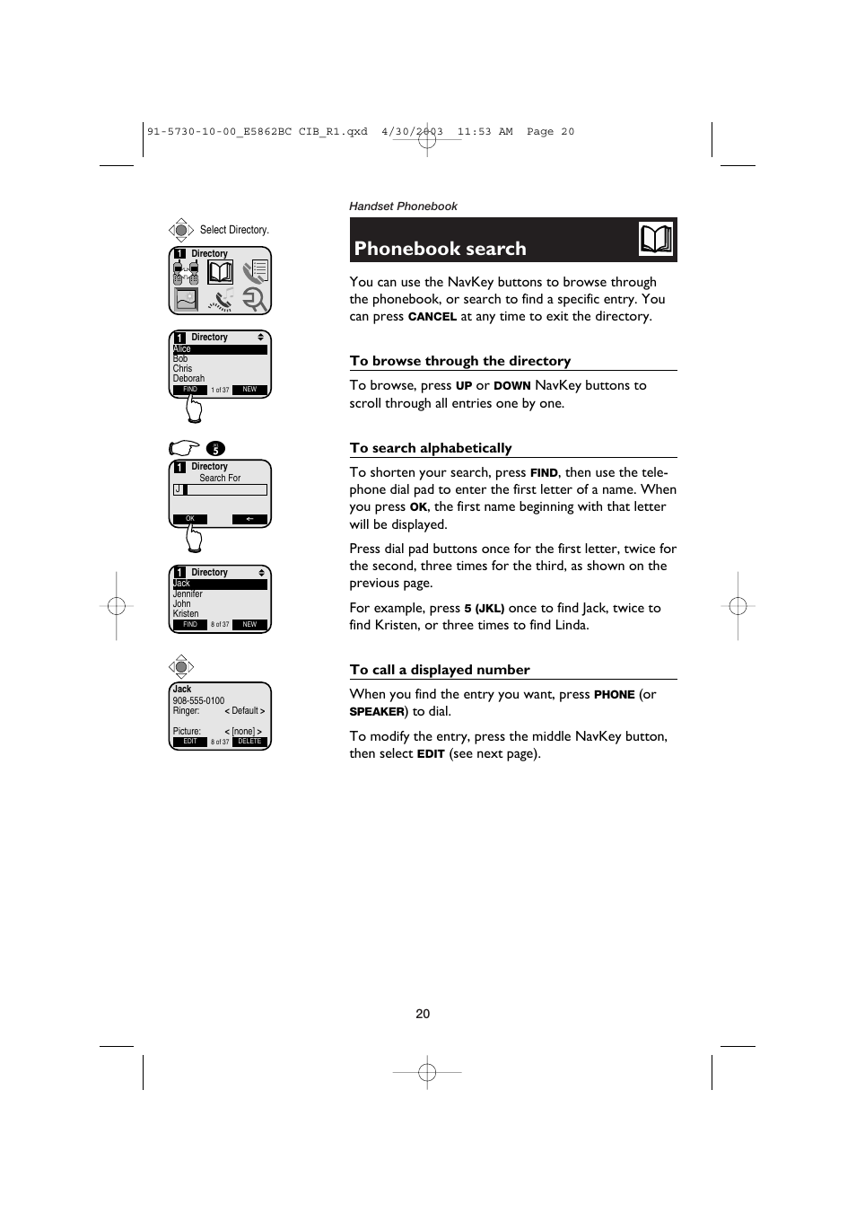 Phonebook search, To browse through the directory, To search alphabetically | To call a displayed number | AT&T E5862BC User Manual | Page 22 / 56