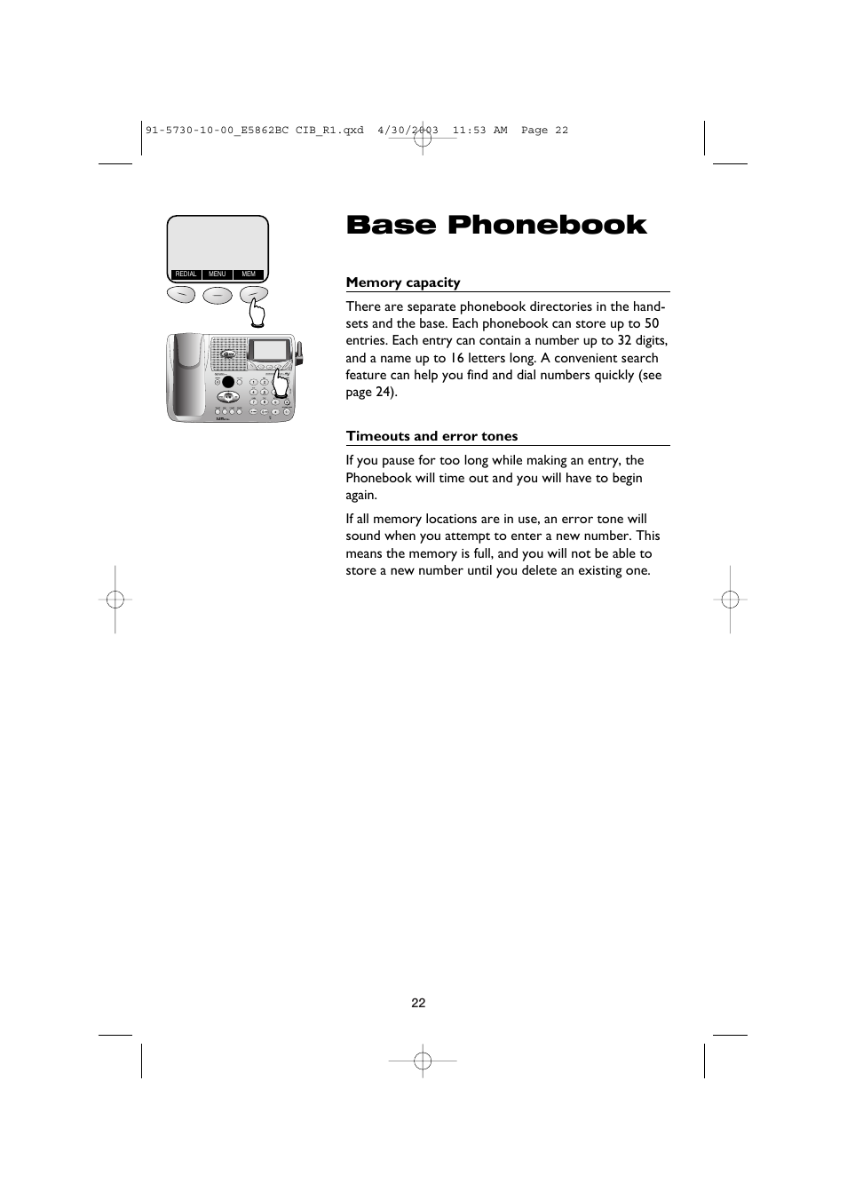 Base phonebook, Memory capacity, Timeouts and error tones | AT&T E5862BC User Manual | Page 24 / 56