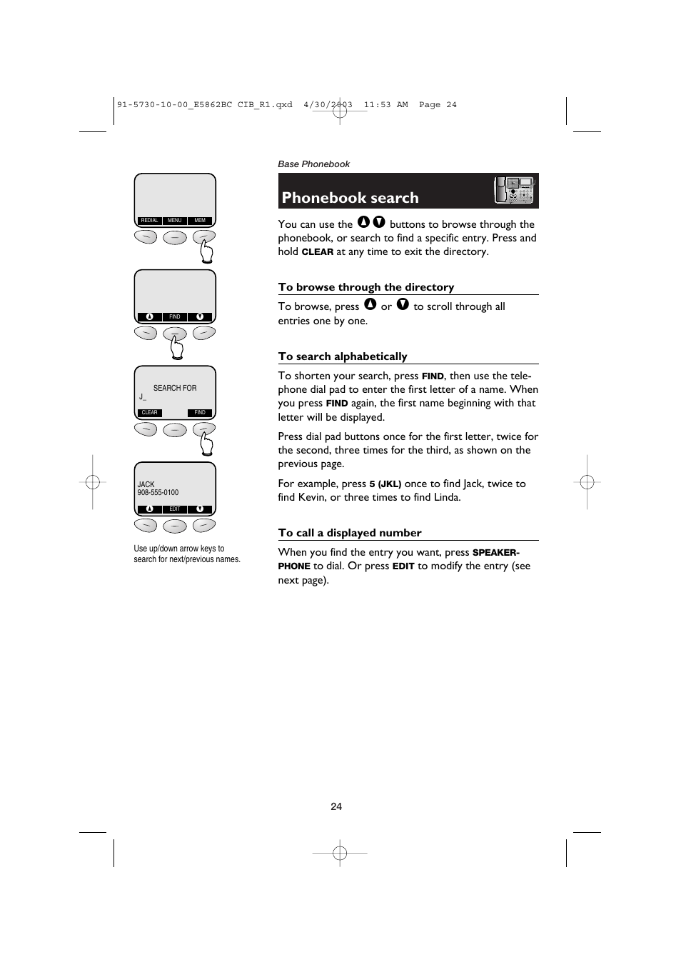 Phonebook search, To browse through the directory, To search alphabetically | To call a displayed number | AT&T E5862BC User Manual | Page 26 / 56