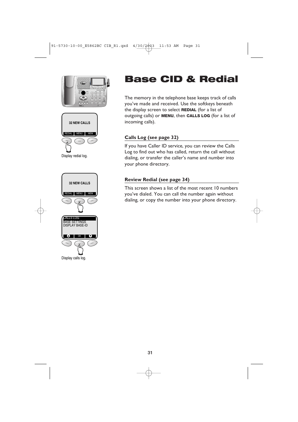 Base cid & redial | AT&T E5862BC User Manual | Page 33 / 56
