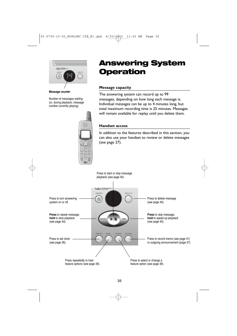 Answering system operation, Message capacity, Handset access | AT&T E5862BC User Manual | Page 37 / 56