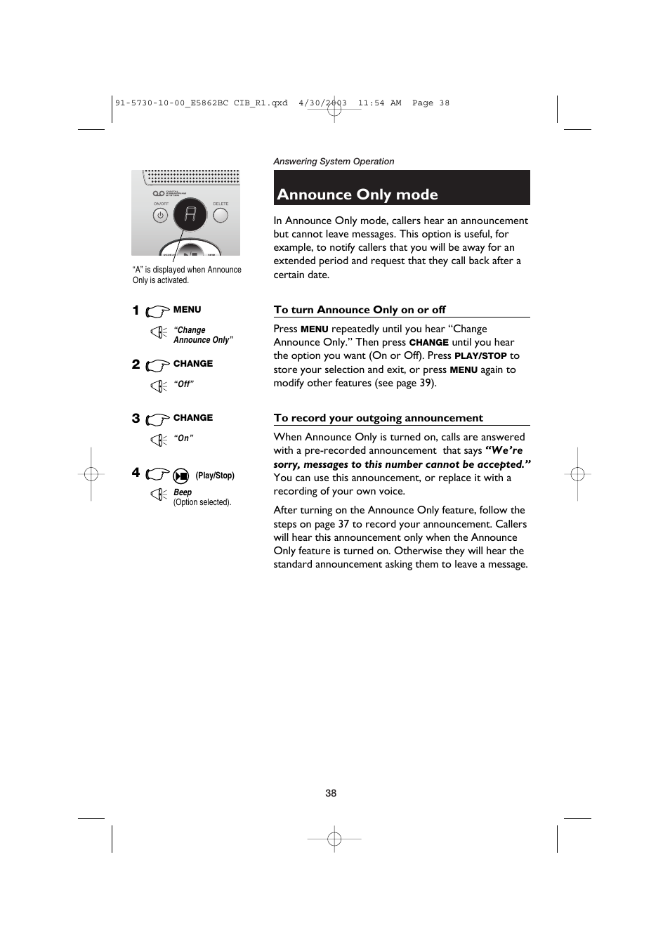 Announce only mode, To turn announce only on or off, To record your outgoing announcement | AT&T E5862BC User Manual | Page 40 / 56