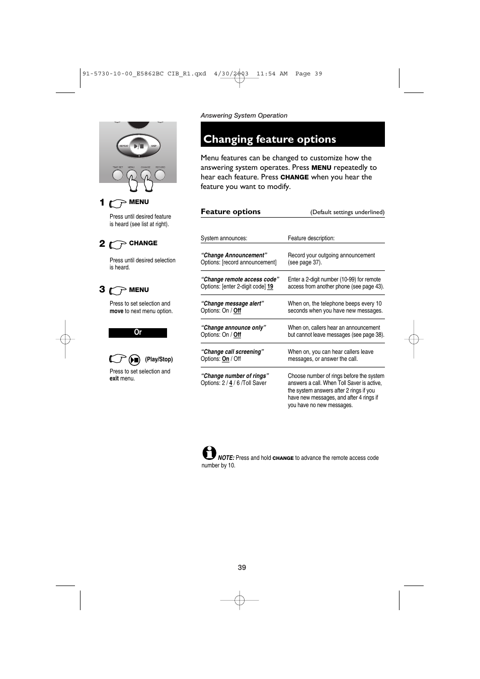 Changing feature options, Change announcement, Change remote access code | Change message alert, Change announce only, Change call screening, Change number of rings | AT&T E5862BC User Manual | Page 41 / 56