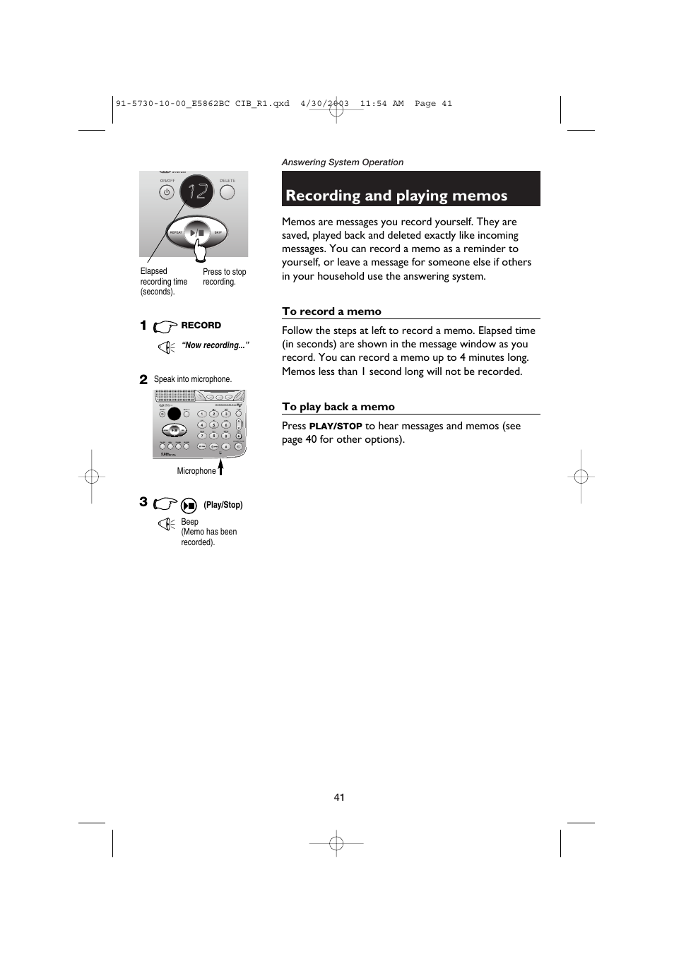 Recording and playing memos, To record a memo, To play back a memo | AT&T E5862BC User Manual | Page 43 / 56