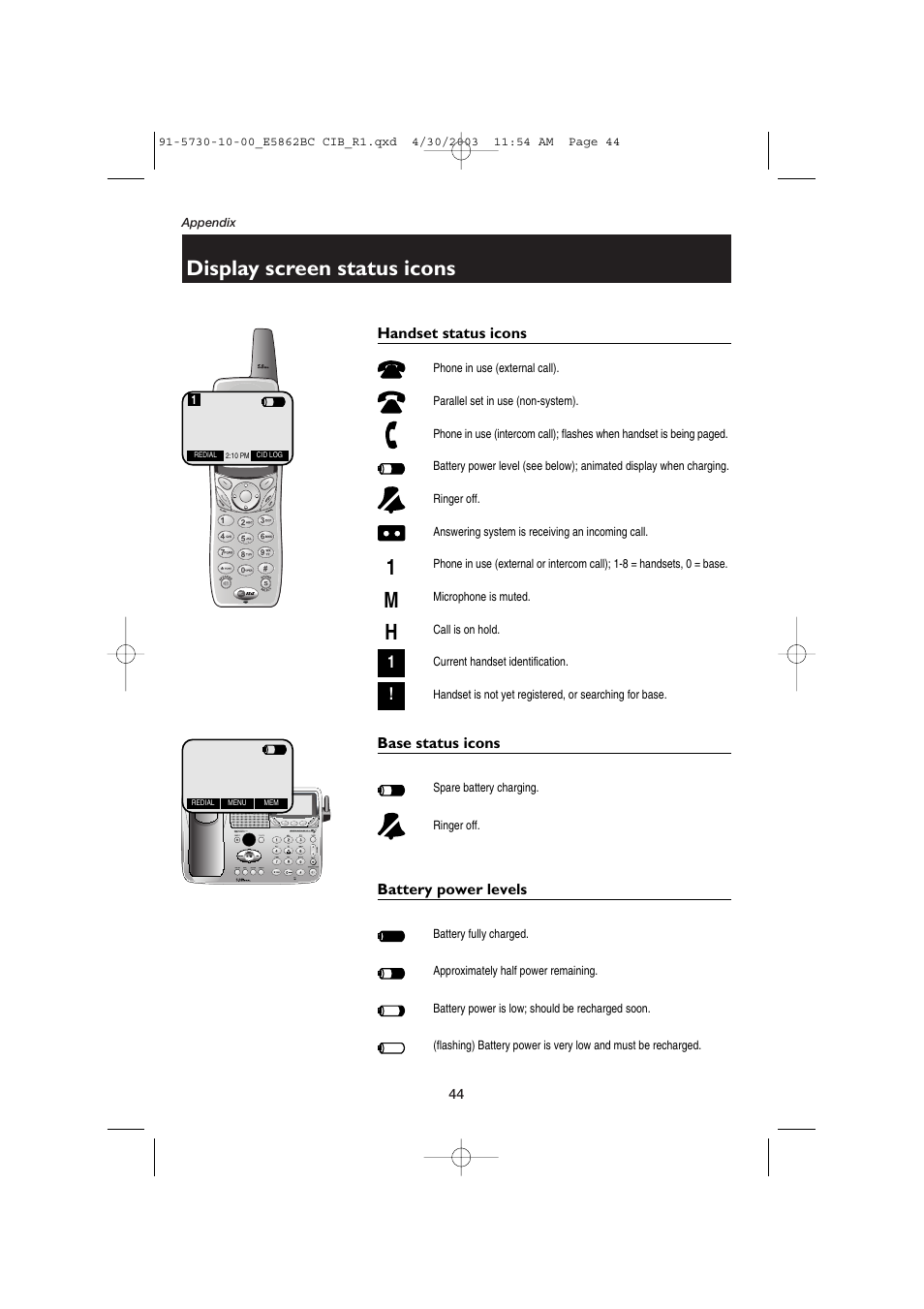 Appendix, Display screen status icons, Handset status icons | Base status icons, Battery power levels | AT&T E5862BC User Manual | Page 46 / 56