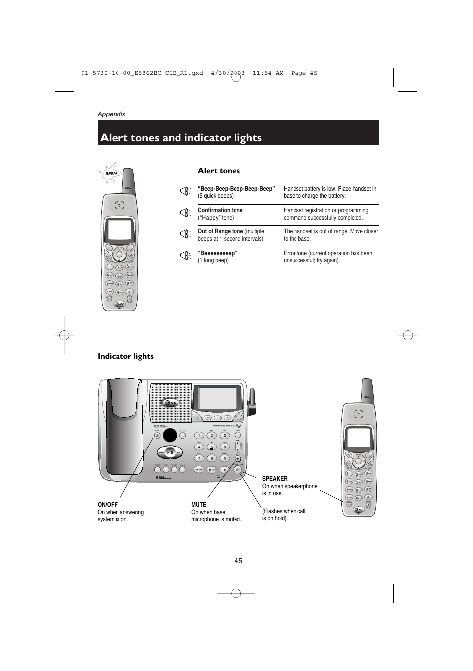 Alert tones and indicator lights, Alert tones, 5 quick beeps) | Happy” tone), Multiple beeps at 1-second intervals), 1 long beep), Indicator lights, On/off, Mute, Speaker | AT&T E5862BC User Manual | Page 47 / 56