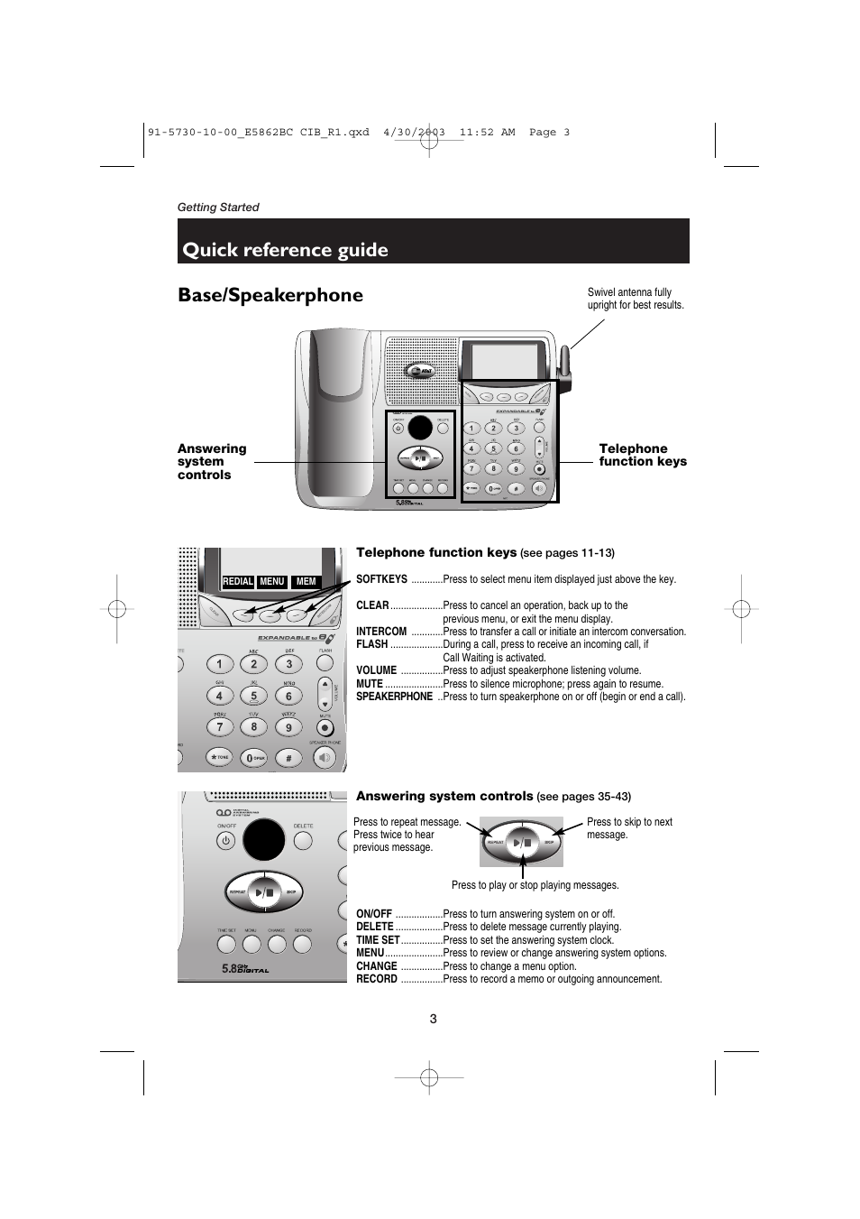 Base / speakerphone, Answering system controls, Telephone function keys | Quick reference guide, Base/speakerphone | AT&T E5862BC User Manual | Page 5 / 56