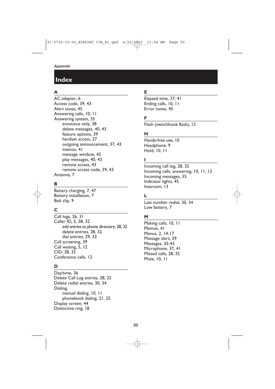 Index | AT&T E5862BC User Manual | Page 52 / 56