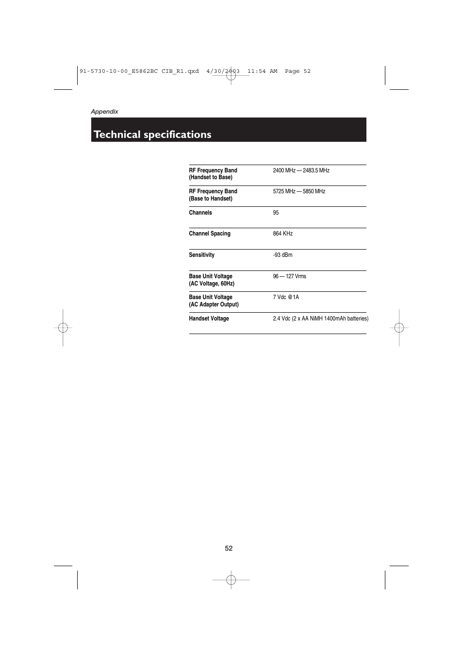 Technical specifications | AT&T E5862BC User Manual | Page 54 / 56