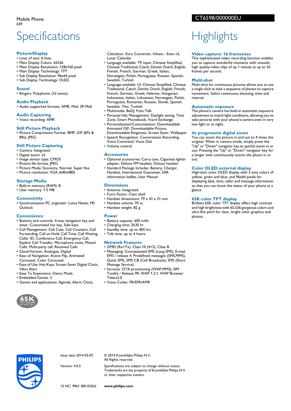 Specifications, Highlights | Philips Téléphone portable User Manual | Page 2 / 2