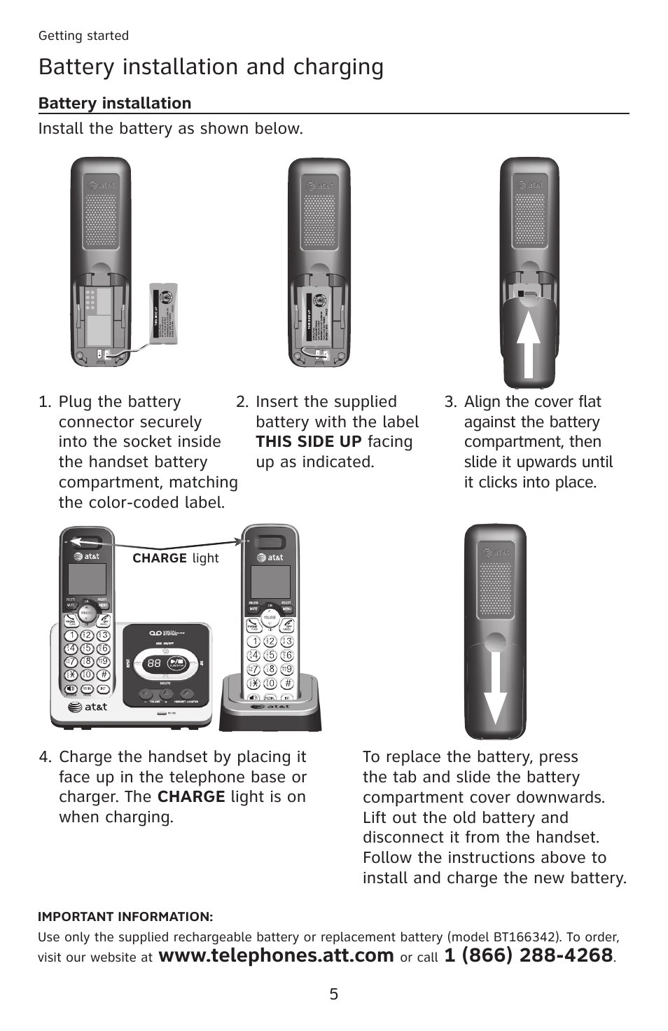 Battery installation and charging, Battery installation, Getting started | Or call, Charge, Light | AT&T DECT 6.0 EL52201 User Manual | Page 10 / 83