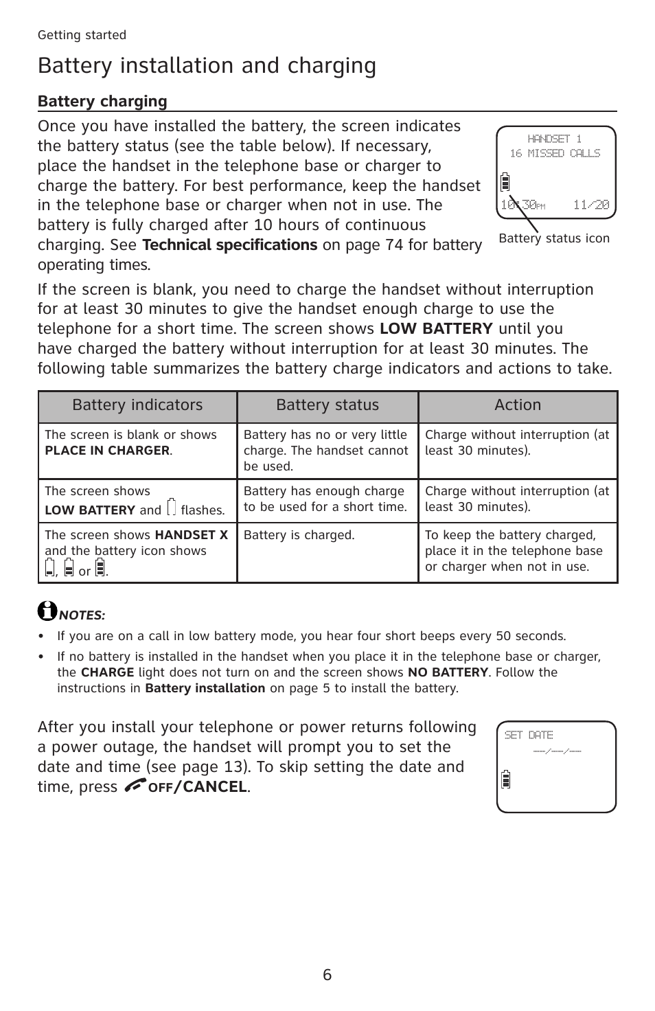 Battery charging, Battery installation and charging, Cancel | Battery indicators battery status action | AT&T DECT 6.0 EL52201 User Manual | Page 11 / 83