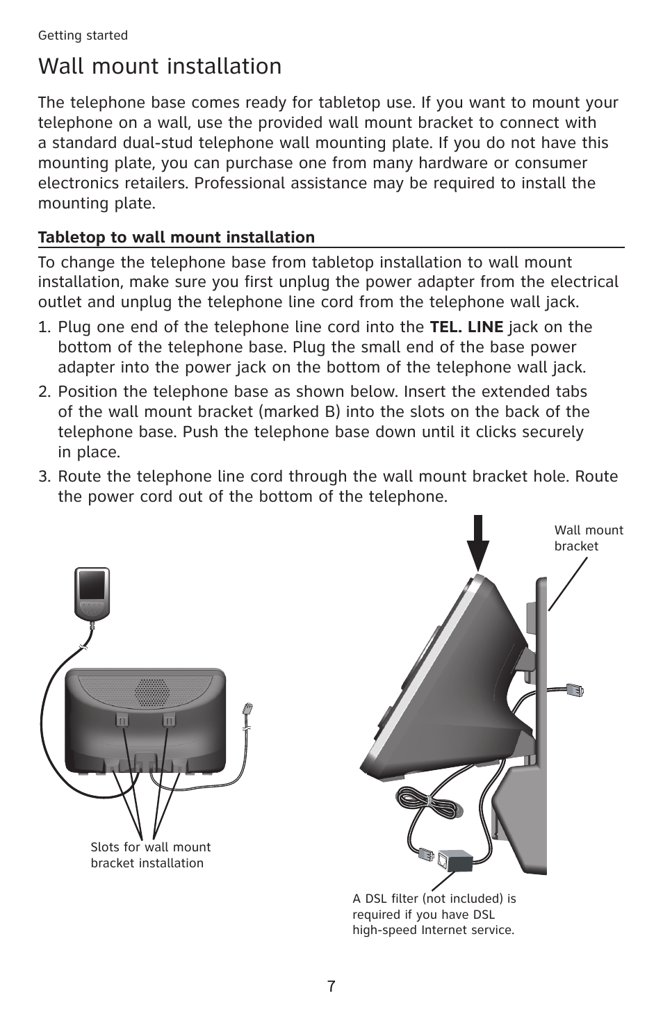 Wall mount installation, Tabletop to wall mount installation | AT&T DECT 6.0 EL52201 User Manual | Page 12 / 83