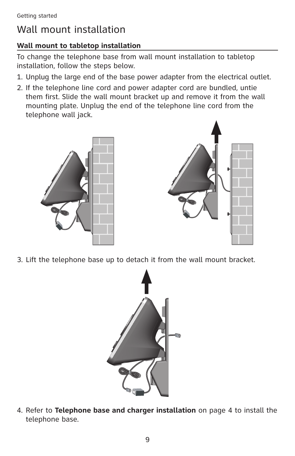 Wall mount to tabletop installation, Wall mount installation | AT&T DECT 6.0 EL52201 User Manual | Page 14 / 83