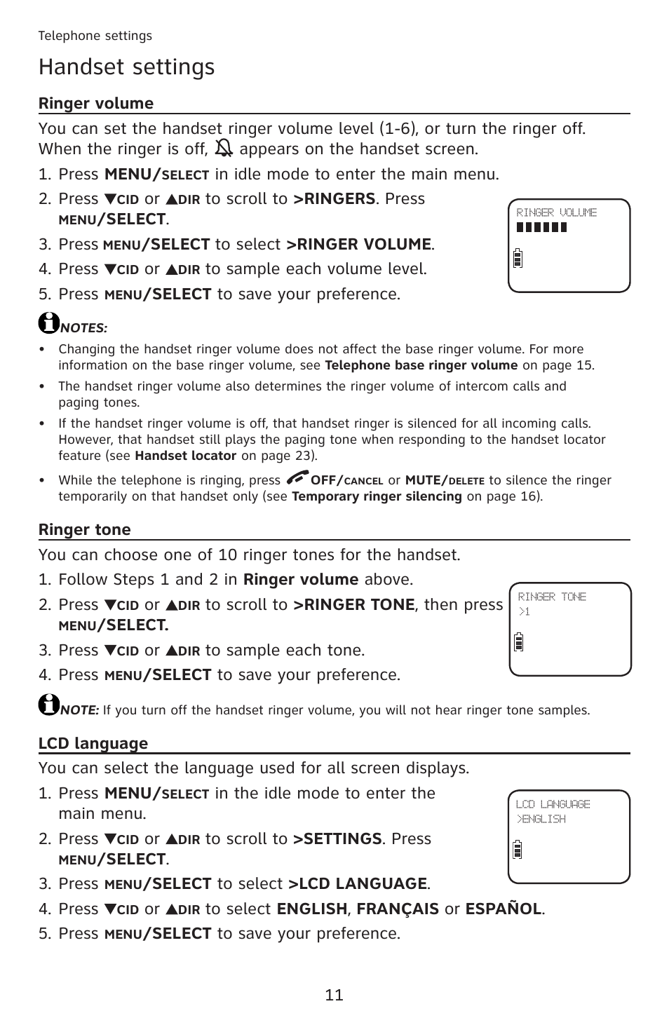 Handset settings, Ringer volume, Ringer tone | Lcd language, Ringer volume ringer tone lcd language | AT&T DECT 6.0 EL52201 User Manual | Page 16 / 83