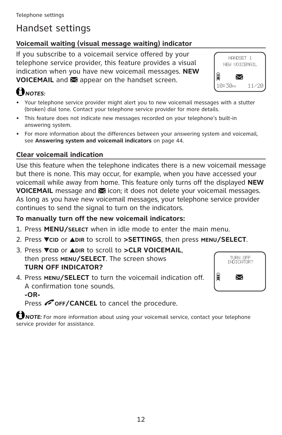 Clear voicemail indication, Handset settings | AT&T DECT 6.0 EL52201 User Manual | Page 17 / 83