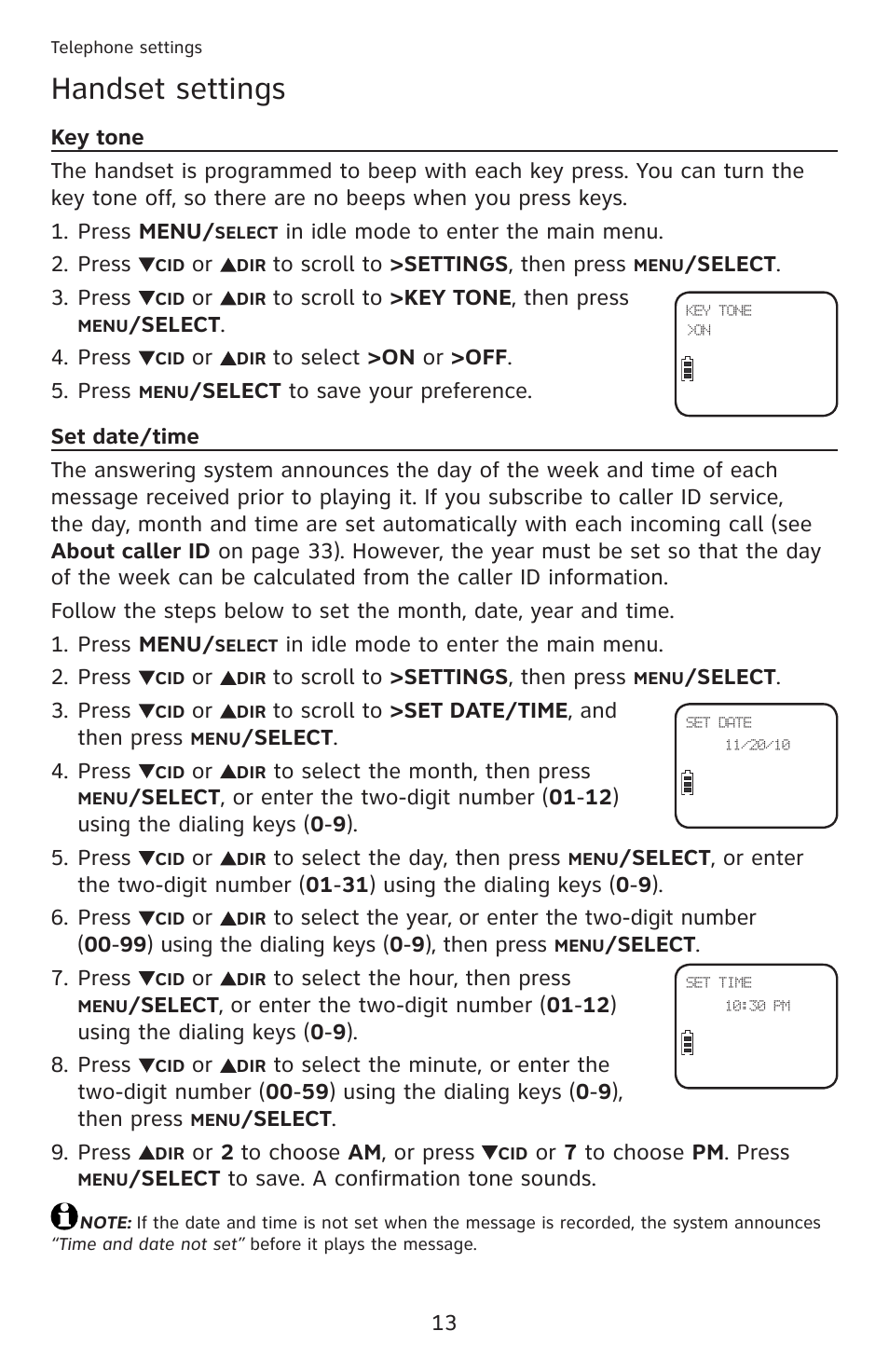 Key tone, Set date/time, Key tone set date/time | Handset settings | AT&T DECT 6.0 EL52201 User Manual | Page 18 / 83