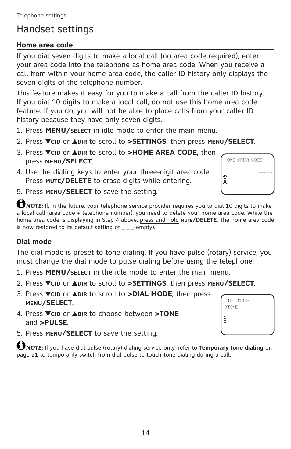 Home area code, Dial mode, Home area code dial mode | Handset settings | AT&T DECT 6.0 EL52201 User Manual | Page 19 / 83