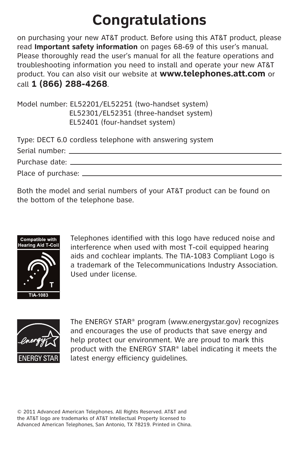 AT&T DECT 6.0 EL52201 User Manual | Page 2 / 83