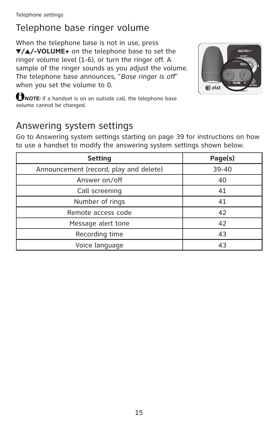 Telephone base ringer volume, Answering system settings | AT&T DECT 6.0 EL52201 User Manual | Page 20 / 83