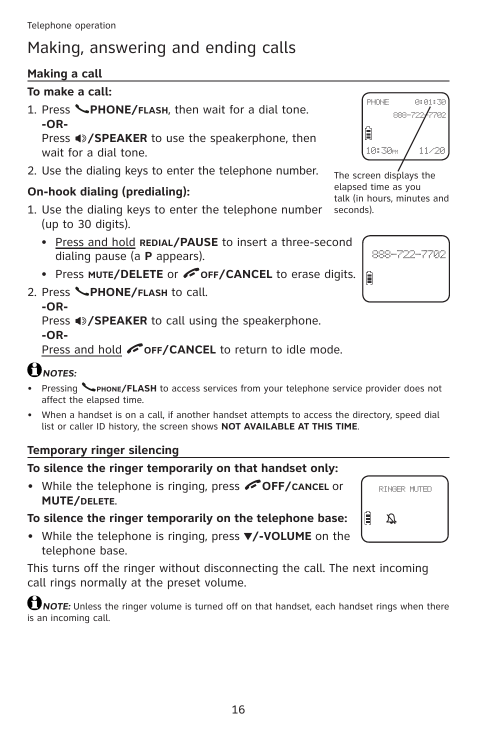Telephone operation, Making, answering and ending calls, Making a call | Temporary ringer silencing, Making a call temporary ringer silencing | AT&T DECT 6.0 EL52201 User Manual | Page 21 / 83