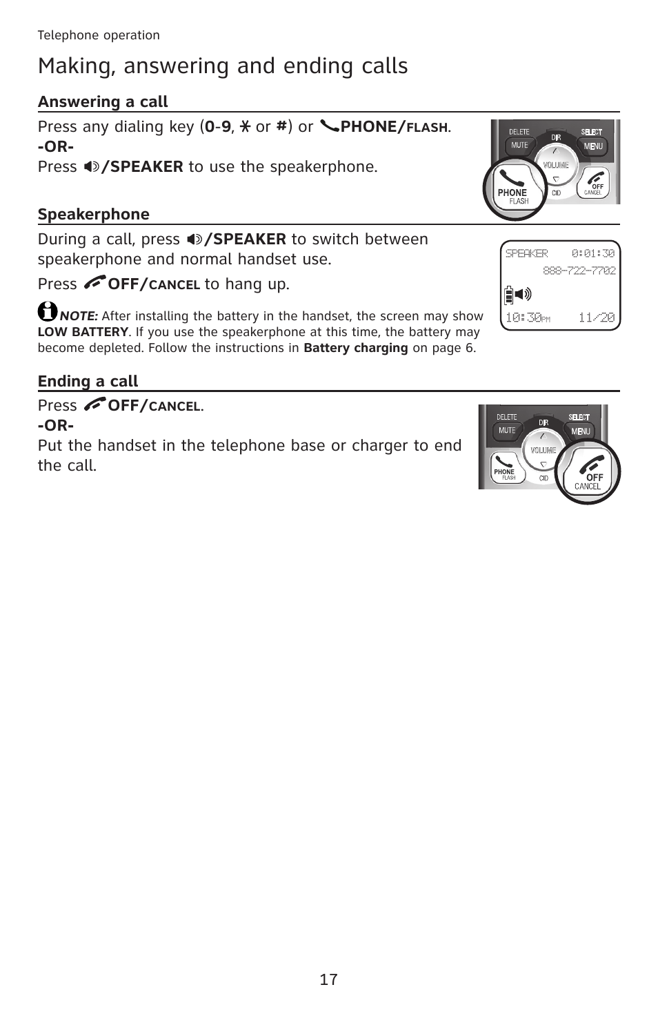 Answering a call, Speakerphone, Ending a call | Answering a call speakerphone ending a call, Making, answering and ending calls | AT&T DECT 6.0 EL52201 User Manual | Page 22 / 83