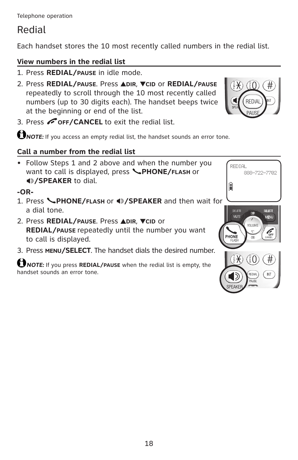 Redial, View numbers in the redial list, Call a number from the redial list | AT&T DECT 6.0 EL52201 User Manual | Page 23 / 83